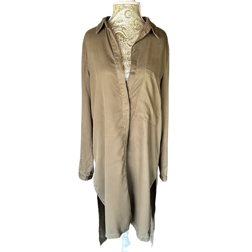 ZARA Long Khaki Military Green Button Up Shirt Casual Pocket Size Medium - Picture 2 of 7